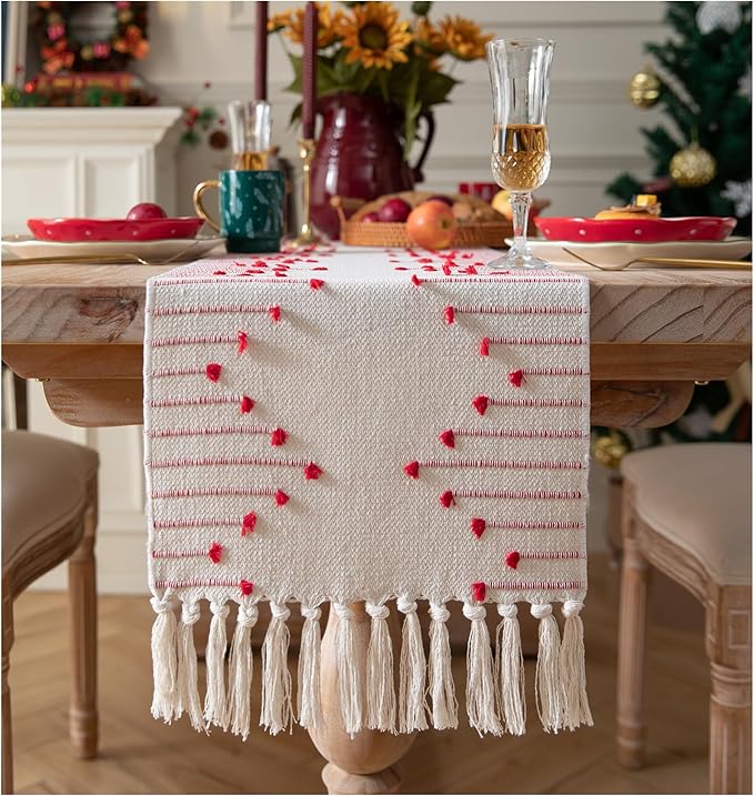 Valentines Table Runner 13 x 72 Inch Long Natural Cotton Woven Runner with Tassels for Home Dining Valentine's Day Decorations, for Modern Farmhouse Holiday Boho Red Table Runner