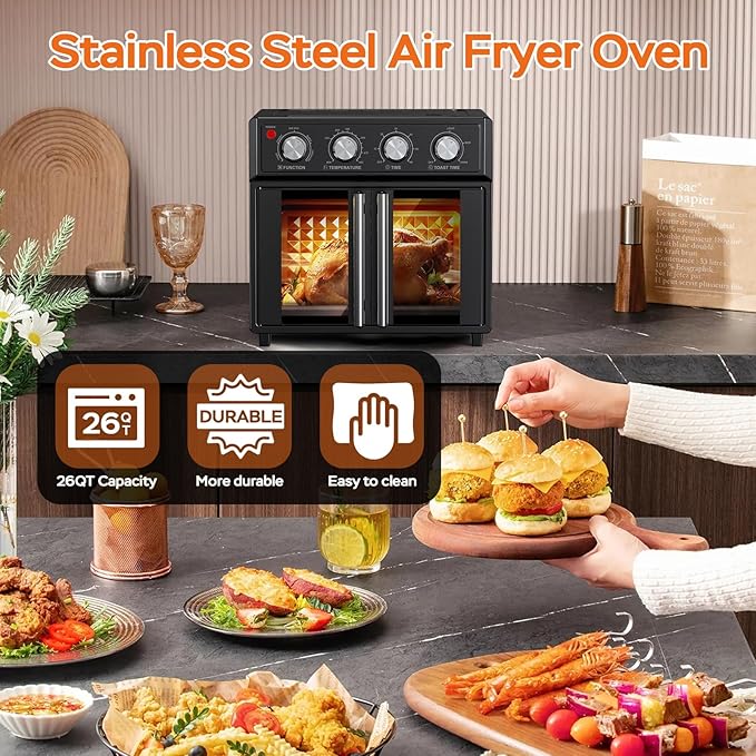 PlumChef 29.5QT Large capacity French Double-Door Air Fryer Convection Toaster Oven,1700W, 7 Preset Menus, 7-in-1 Multi-Function for Bake, Roast, Grill, Toast, Dehydrate& Defrost,Stainless Steel,Black