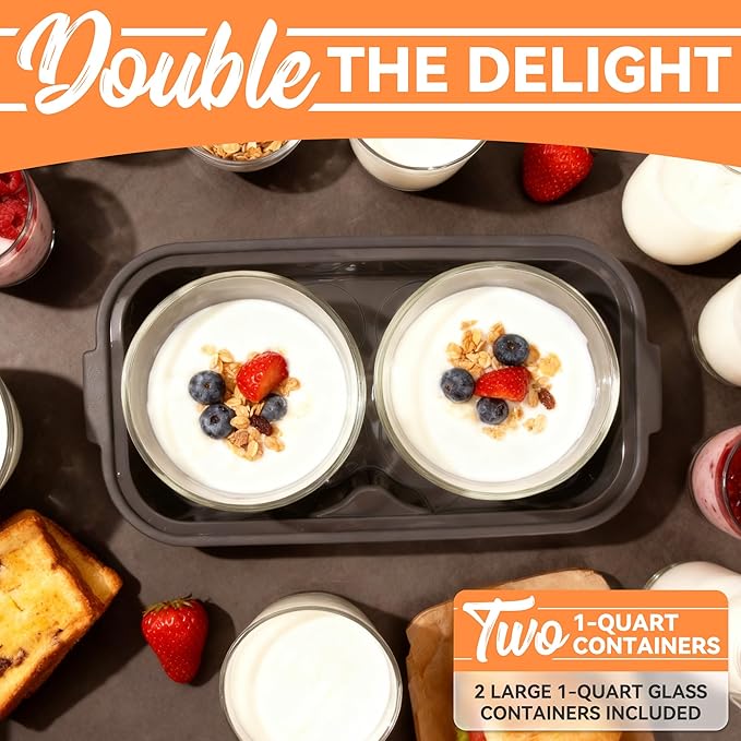 Yogurt Maker Machine with Two 1-Quart Containers for Larger Batches, Oatmeal, Pudding, or Jello, Food-Grade Martial, One-touch Control, Homemade Yogurt