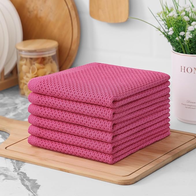 Kitinjoy 100% Cotton Kitchen Dish Cloths (12 X 12 Inches, Hot Pink), 6 Pack Waffle Weave Ultra Soft Absorbent Dish Towels for Drying Dishes Quick Drying Kitchen Towels Dish Rags