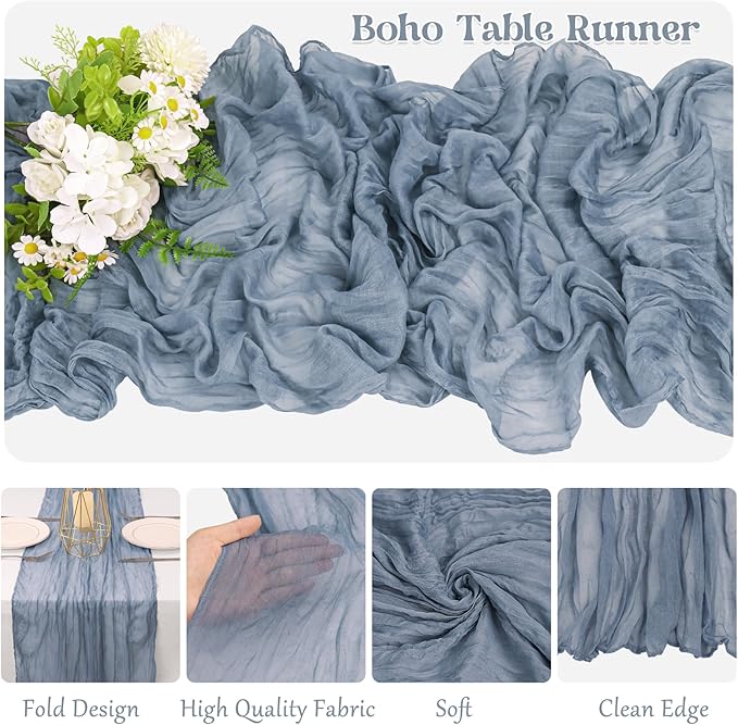 10 Pack Dusty Blue Cheesecloth Table Runner 6FT Boho Gauze Fabric Table Runner Vintage Rustic Sheer Runners for Wedding Party Bridal Baby Shower Long Table Decorations