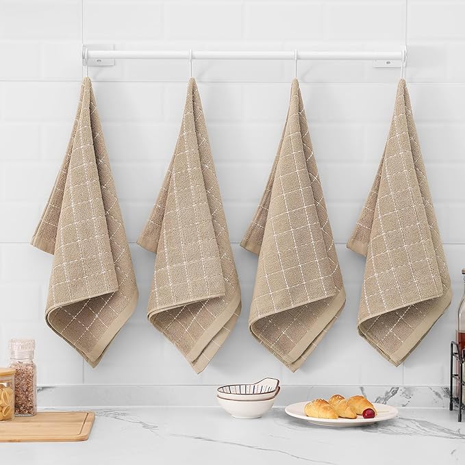 Mordimy 100% Cotton Terry Cloth Kitchen Towels, Super Soft and Absorbent Dish Towels for Drying, Checkered Designed Hand Towels for Kitchen, 16 x 26 Inches, 4 Pack, Tan
