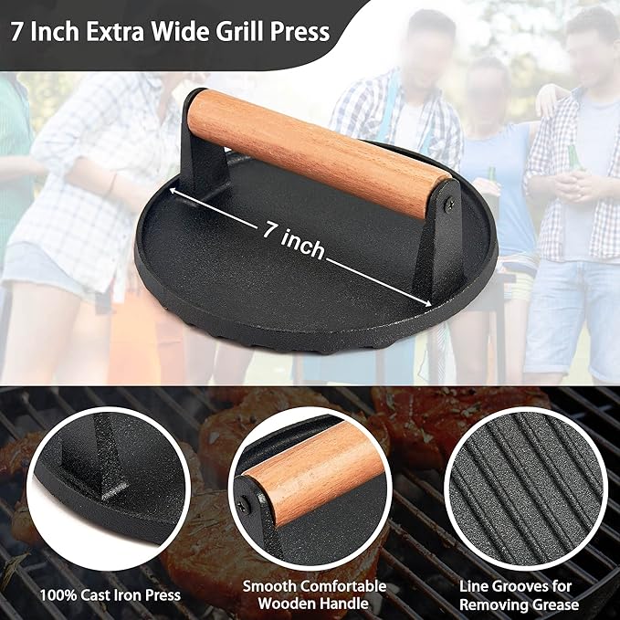 Smash Burger Press Set of 2, Leonyo 7 Inch Cast Iron Burger Press, Heavy-Duty Hamburger Smasher Tool Griddle Accessories Kit for Cooking Bacon Steak Sandwich, Outdoor BBQ Grill - Round
