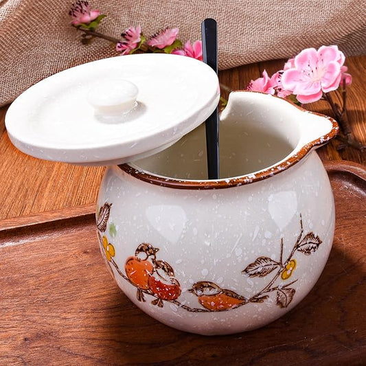 Ceramic Sugar Bowl with Lid and Spoon, Porcelain Sugar Container for Coffee Bar, Kitchen Countertop, Japanese Style Sugar Holder Sugar Pot for Salt Creamer, Dishwasher Safe (ny)