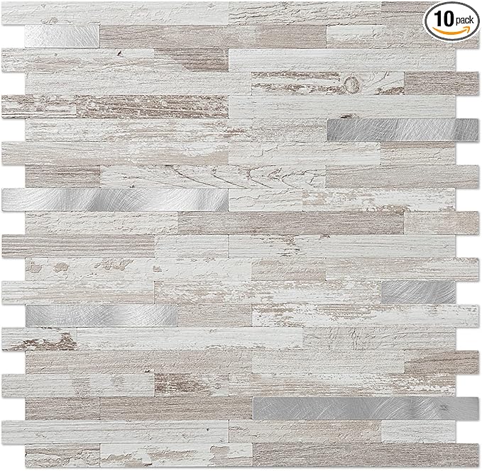 DICOFUN 10-Sheet Peel and Stick Backsplash Tile, Brown Birch PVC Mixed Metal Stick on Backsplash Tiles for Kitchen, 9.4 sq.ft