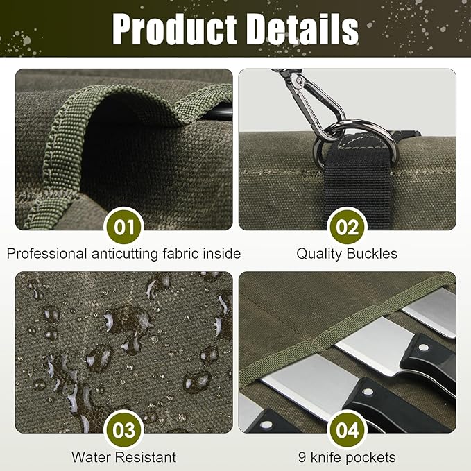 Chef Knife Roll Bag,Waxed Canvas Knife Travel Case,Heavy Duty Professional Knife Carrier Storage Holder with 10 Slots,Portable Kitchen Culinary Tool Organizer for Men,Fits up to 18.8”Knives Army Green