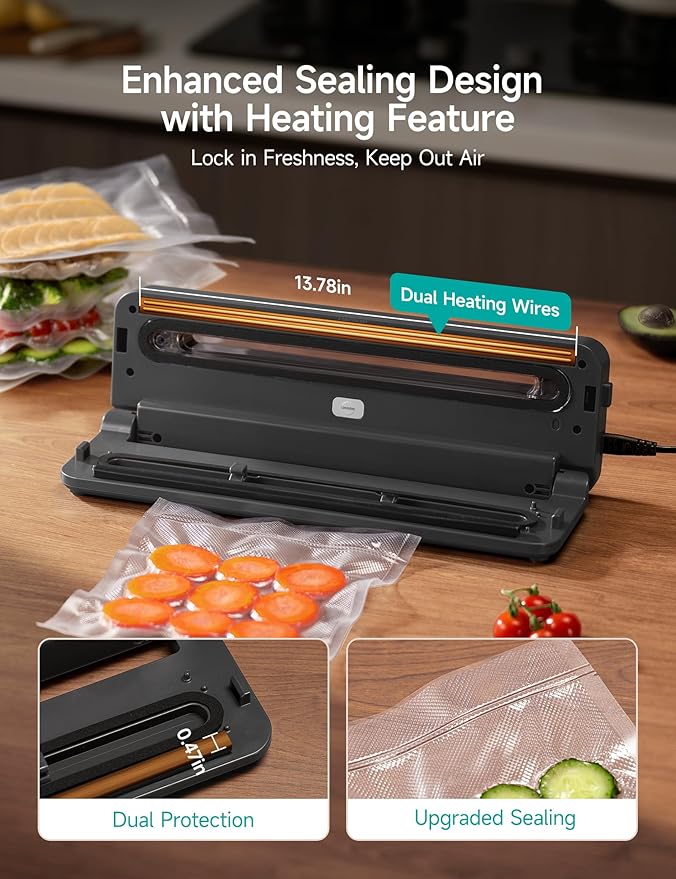 HiCOZY Compact Vacuum Sealer for Food, 5-in-1 Functions Vacuum Sealer with Detachable Drip Tray, Double Heat Seal, Built-in Cutter, 10 BPA-Free Bags, Space Gray