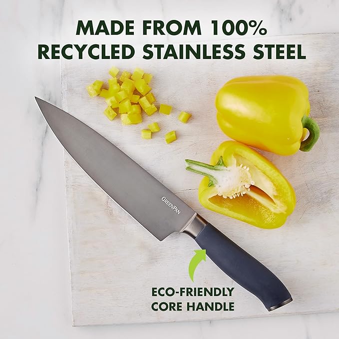GreenPan Titanium Ultimate 16-Piece Knife Block Set, Titanium Coated, Stainless Steel, Eco-friendly, Ergonomic Grip, Slip Resistant, Balanced, Heat Treated, Hand Sharpened, Dishwasher Safe