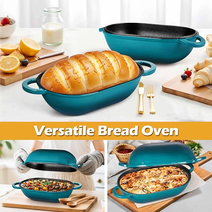 Homikit Enameled Cast Iron Dutch Oven for Bread Baking, 2.8 QT Oval Bread Oven Pot with Lid, Sourdough Loaf Iron Dutch Oven Pan for Roasting Cooking, Dark Green & Heavy Duty