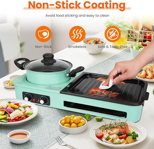 iMounTEK Electric Grills 3 IN 1 Electric Smokeless Hot Pot with Grill 1600W Smokeless Non-Stick BBQ Grill Korean Shabu Shabu Hot Pot Combo with Independent Temperature Control for Home Party