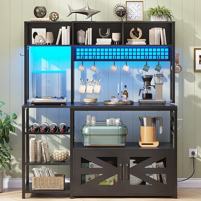 Itaar 47.2 Inch Bakers Rack with Power Outlet, Microwave Stand with Storage, Farmhouse Coffee Bar Cabinet Station with Wine Rack, Iron Mesh and 8-S Hooks (Black)