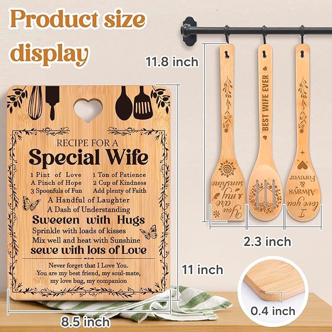 Valentine Day Gifts for Wife - "Recipe for a Special Wife" Valentine's Day Gifts for Her Cutting Board Set, Bamboo-Made Engraved Utensil Set Gifts for Wife
