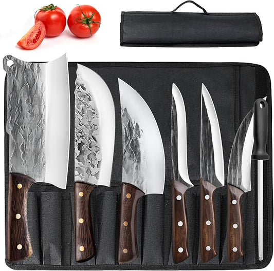 ZENG 7 Pieces Butcher Knife Set with Roll Bag, Chef Knife Set for Meat Cleaver Cutting & Viking Knives with Ergonomic Handles, Stainless Steel Hand Forged Kitchen Knife Set for Home, Cooking, Camping