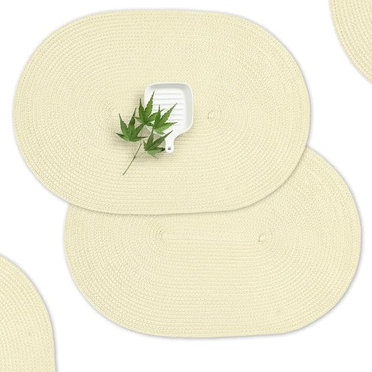AHHFSMEI Placemats Set of 6 for Dining Table Washable Woven Non-Slip 18x12 inches Placemat Heat-Resistant Durable Table Mats for Dining Table Easy to Clean (Ivory)
