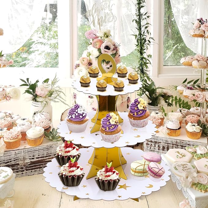 Soleebee 3-Tier Cupcake Stand, Cardboard Cupcake Tower, Dessert Cup Cake Stand Tower for Birthday Wedding Party Decoration, Cupcake Tier Stand 1 Set (Gold Moon and Star)