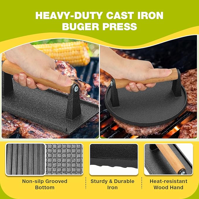 Fervidus 3PCS Smash Burger Press Kit, 6.8" Round & 8.3"x4.1" Rectangular Cast Iron Grill Press, 3 in 1 Stuffed Burger Mold, Non Stick Smash Burger Press Set for Grill and Griddle Cooking