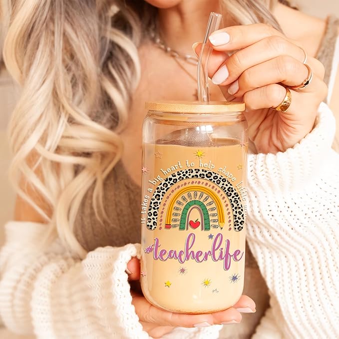 Teacher Appreciation Gifts 16 Oz Glass Cup with Lid and Straw It Takes Big Heart To Help Shape Little Minds Coffee Tumbler Birthday Christmas Thank You Gift for Teachers Women Coworkers