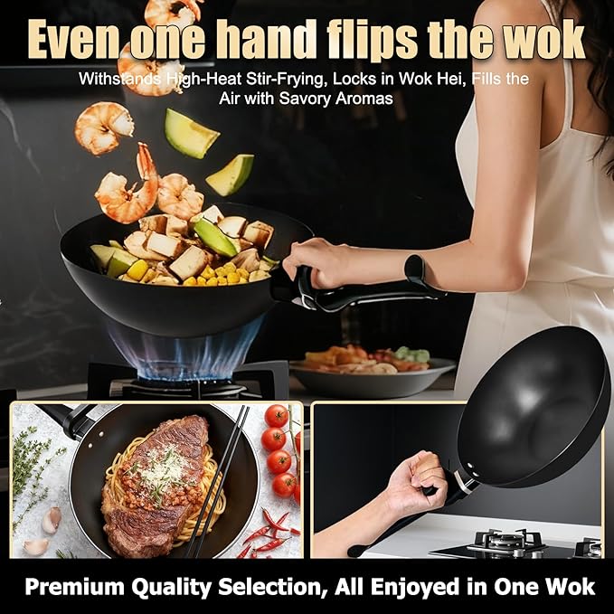 KALAWW Carbon Steel Wok Pan, Non-stick sauté pan,13 Inch Woks & Stir-fry Pans Nonstick with Ergonomic Handle, Cookware, Pots and Pans,Versatile Bottom Chinese Woks for All Stoves