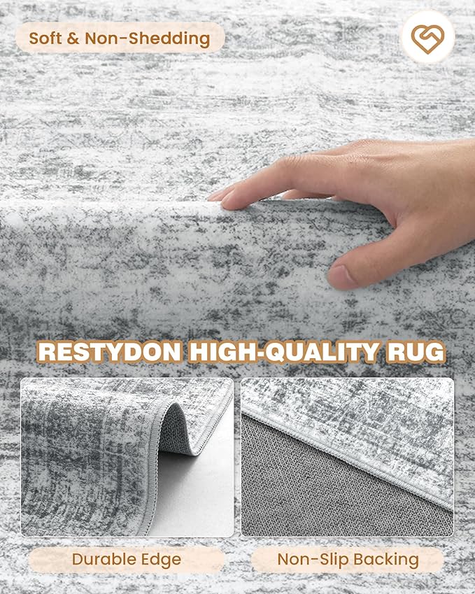 3x16 Washable Runner Rug for Hallway, Non-Slip Long Hallway Runner for Entryway, Soft Vintage Kitchen Mats for Floor, Abstract Dining Room, Bedroom, Living Room Rugs(3'x16', Grey/Ivory)