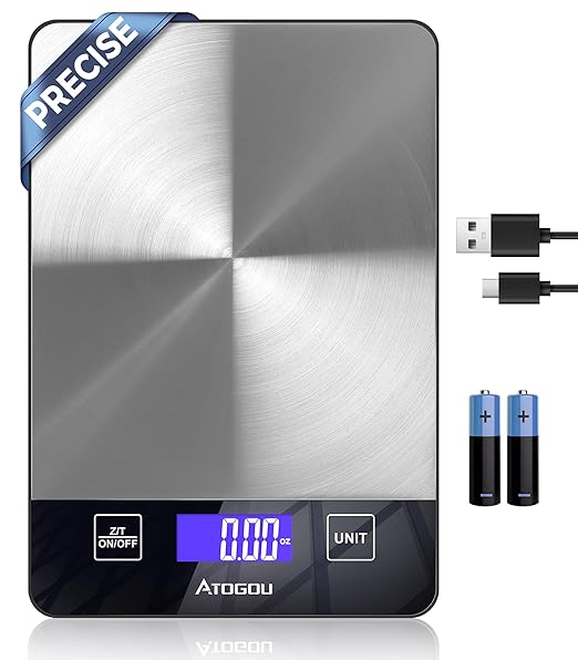 Atogou Food Scale, 33lb/15kg Rechargeable Kitchen Scale with Full-View Backlit LCD Display, Grams and Ounces, Type-C Charging, Waterproof Stainless Steel Surface for Baking, Cooking, Food Black