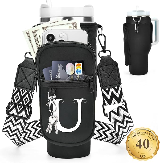 LOKASS Personalized Water Bottle Holder with Strap for Stanley Cup Accessories 40 oz Tumbler, Initial Water Bottle Carrier Bag/Phone Pocket, Mother's Day/Birthday Gifts for Women/Girls