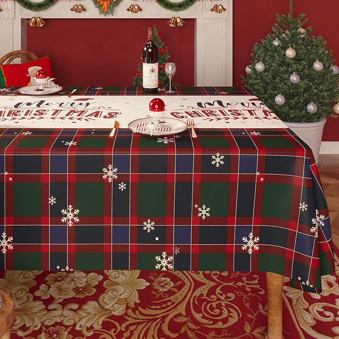Christmas Rectangle Table Cloth,100% Waterproof Tablecloth,Christmas Decorations for Home, Vinyl Tablecloth Plastic Table Cover for Party，Picnic,Dining,Outdoor 54" x 54",Crimson Checked