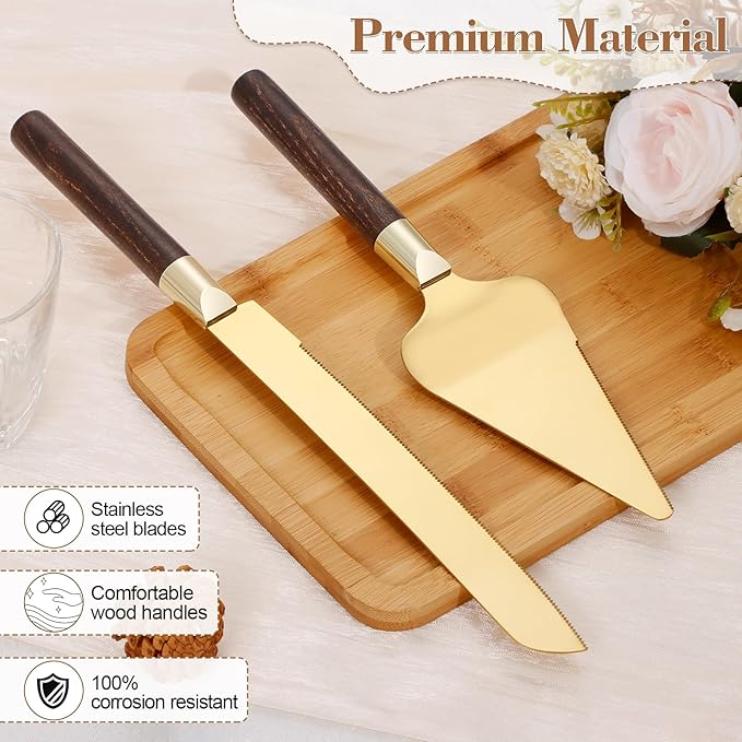 TUKDAK Gold Cake Cutting Set for Wedding, Wood Cake Knife and Server Set, Vintage 2-Piece Pie Cutter Set, Serrated Pizza Dessert Utensils, Bridal Birthday Quinceañera Gift (Walnut color)