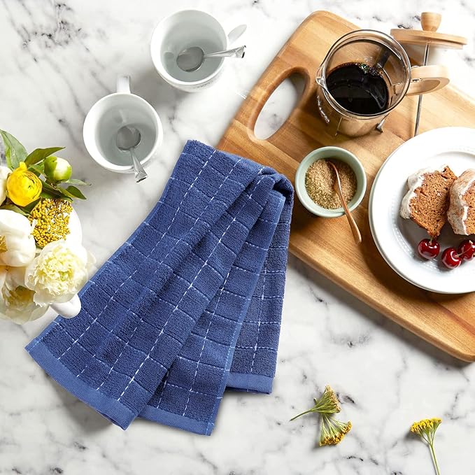 Mordimy 100% Cotton Terry Cloth Kitchen Towels, Super Soft and Absorbent Dish Towels for Drying, Checkered Designed Hand Towels for Kitchen, 16 x 26 Inches, 6 Pack, Navy