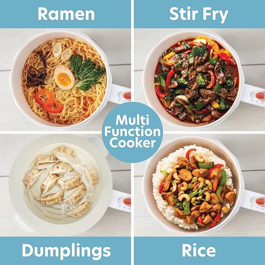 3-In-1 Electric Hot Pot w Dumpling Steamer & Rice Cooker - Multi-Function Non-Stick Cooker (1.5L) - Rapid Noodles Fried Rice Ramen Vegetables Soup w 2 Power Settings - Dorm Essential Must Have Gift