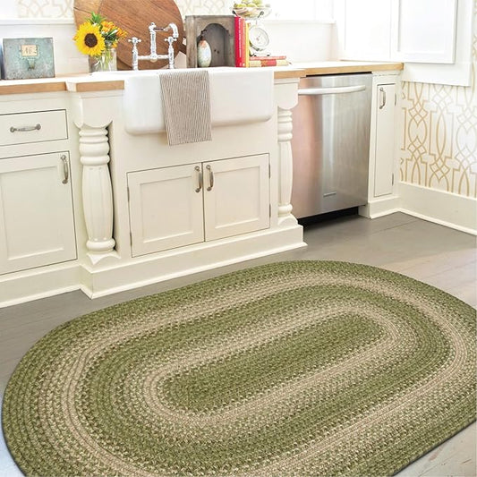Homespice Grassland Green Oval Rug 27x45 - Jute Braided Kitchen Rugs for Rustic Country Decor, Durable and Easy to Maintain