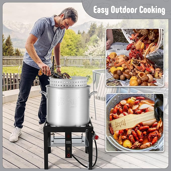 Feasto 100 QT Seafood Boil Pot with Basket and Burner, Aluminum Seafood Boil Pot and Burner Kit with 100,000 BTUs Output and 10 PSI Regulator for Cooking Crawfish, Shrimp, Crab, CSA Certified