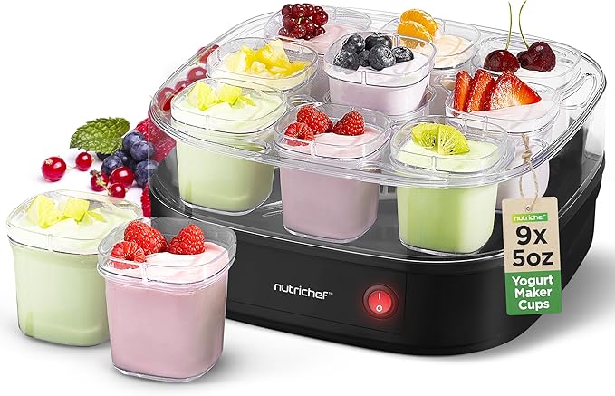 Nutrichef 9 Cup Automatic Yogurt Maker | Includes 9 - 5 oz Reusable Cups with Lids & Yogurt Rack for Instant Storage | Makes up to 45 OZ of Yogurt | Greek Yogurt Maker | Space Saving design | Black