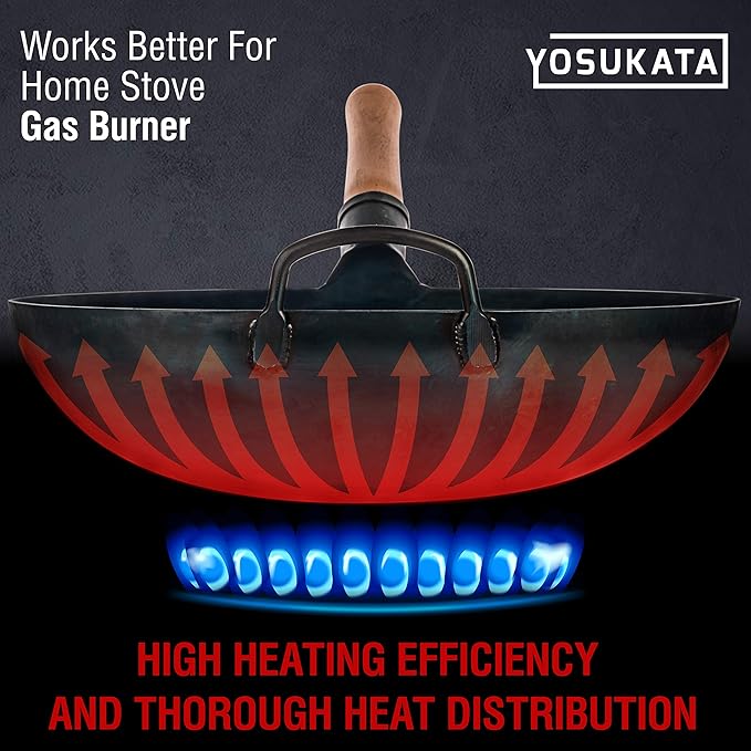 YOSUKATA Blue Round Bottom Wok Pan – 14" Woks and Stir Fry Pans + Wok Lid 13.6 Inch - Premium Stainless Griddle Dome with Tempered Glass Insert Steam Holes
