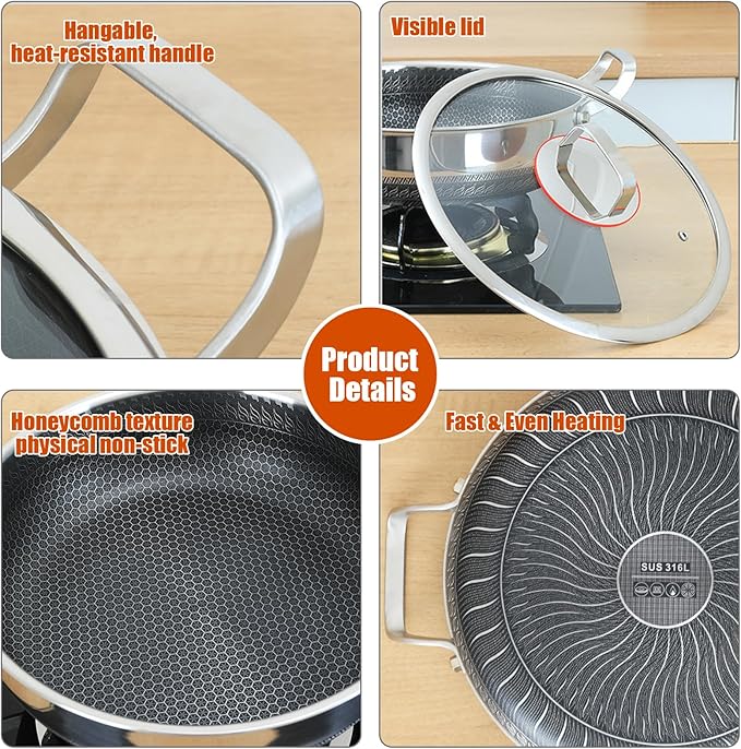 STEHEMO Hybrid Stainless Steel Saute Pan With Lid, Non Stick Frying Pans, Induction Large Skillet, Cooker Pan for Chefs, Dishwasher & Oven Safe,10.24IN