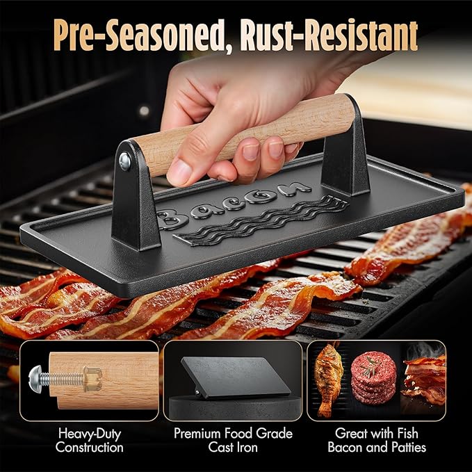 Pisol Bacon Press Smash Burger Press, Pre-Seasoned Cast Iron Hamburger, 2 lb Heavy-Duty Grill Bacon Meat Press Tool with Wood Handle