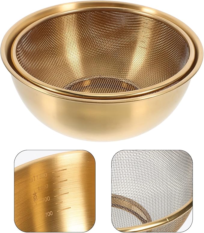 Stainless Steel Basin and Fine Mesh Rice Strainer Set 7.08In Kitchen Drainer for Washing Vegetables Fruits and Cooking Rice with Metal Colander Basket