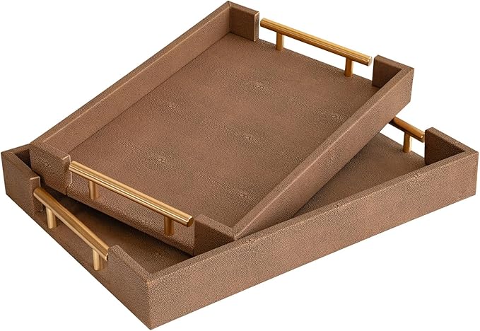 Set of 2 Decorative Tray Brown Shagreen Leather Tray, Modern Rectangle Serving Trays with Gold Polished Metal Handles, Ottoman Coffee Table Perfume Kitchen Trays Home Decor