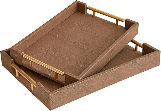 Set of 2 Decorative Tray Brown Shagreen Leather Tray, Modern Rectangle Serving Trays with Gold Polished Metal Handles, Ottoman Coffee Table Perfume Kitchen Trays Home Decor