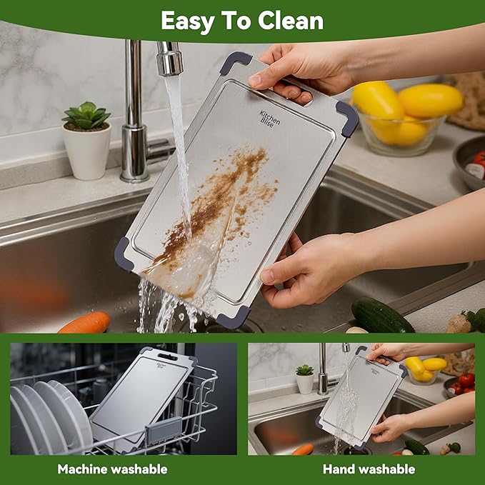 Stainless Steel Cutting Board, Double Sided Food Gradable Steel Cutting Boards for Kitchen with 2 Cleaning Scrapers, Metal Cutting Board with Grooves for Fruits (Medium)