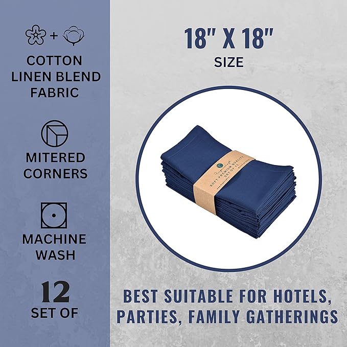 Fingercraft Cloth Napkins Set of 12, Cotton Linen Blend Napkins Cloth Washable Premium Quality Parties, Weddings, Mitered Dinner Napkin for Home Parties Christmas Thanksgiving 18x18 in Navy