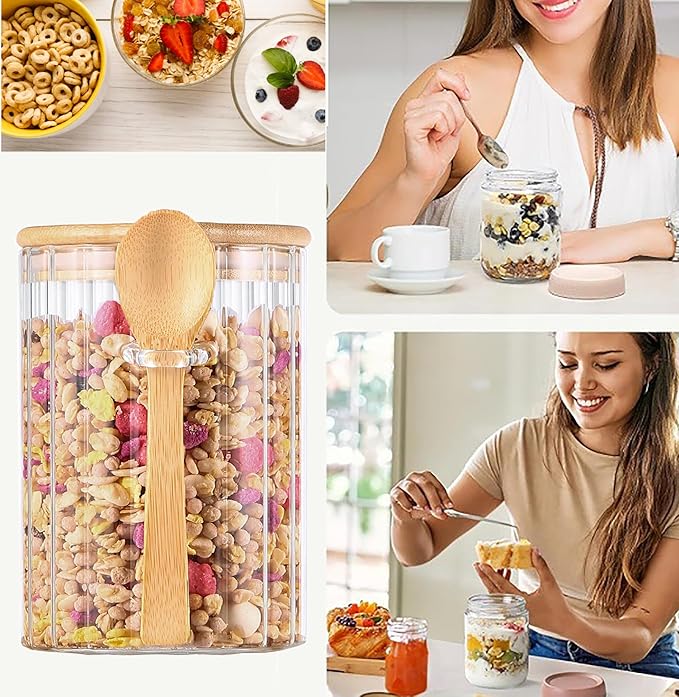 Glass Jar Sugar Container with Bamboo Spoons Lids 16 oz Sugar Bowl Coffee Bar Food Storage Jar Cereal Nuts Salts Coffee Tea Flour Sugar Container Spice Jar