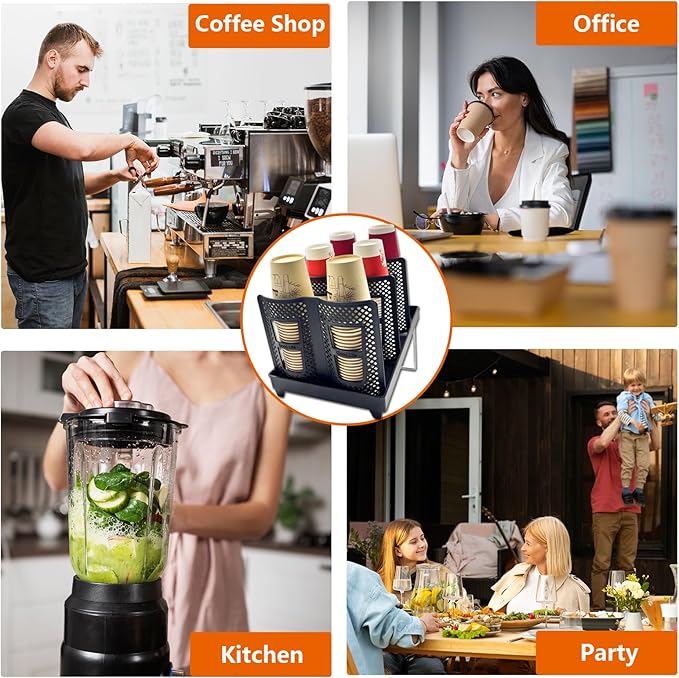 Cup and Lid Holder, Adjustable Coffee Cup Organizer 6 Compartment, Disposable Paper Cup Dispenser fits 8-22oz, Plastic Cup Storage Rack for Coffee Station Bar Countertop Breakroom, Station