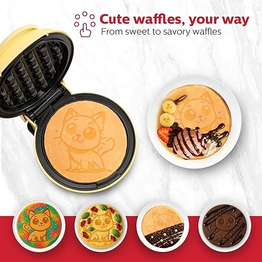 Holstein Housewares Kitty Waffle Maker – Cute Cat-Shaped, 4-Inch Yellow Mini Waffle Iron, Non-Stick, Fun Breakfast Appliance for Kids & Cat Lovers