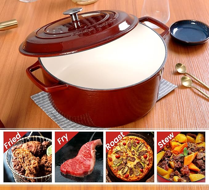 EDGING CASTING Enameled Cast Iron Dutch Oven Pot With Lid, Dutch Oven for Sourdough Bread Baking Round Pot Dule Handle, 6 Quart, Wine Red