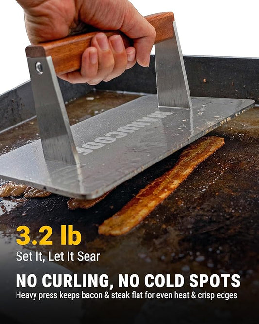 Manucode Stainless Steel Bacon Press - 3.2 LB Heavy Cooking Weight, Ideal for Flat Top Grill - Griddle Accessories for Searing Smash Burger, Steak, Sandwich - 9.25 x 5.7 Inches, Flat Bottom, Rectangle