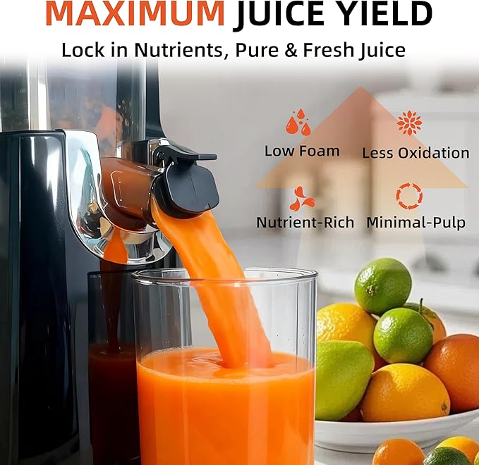 celiberry Cold Press Juicer Machines, 5.3” Large Feed Chute Slow Masticating Juicer for Whole Fruits & Vegetables, Easy Clean, 300W Quiet Juice Extractor, 99% High Juice Yield, Black