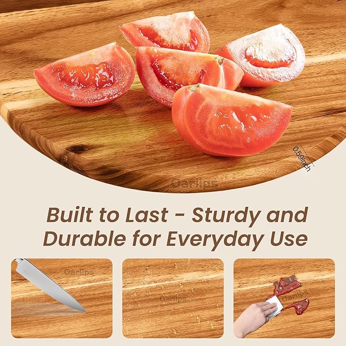 Acacia Wood Cutting Board Set of 3 with Handles – Round, Rectangular & Paddle Charcuterie Boards for Cheese, Meat, Pizza, Bread & Fruits