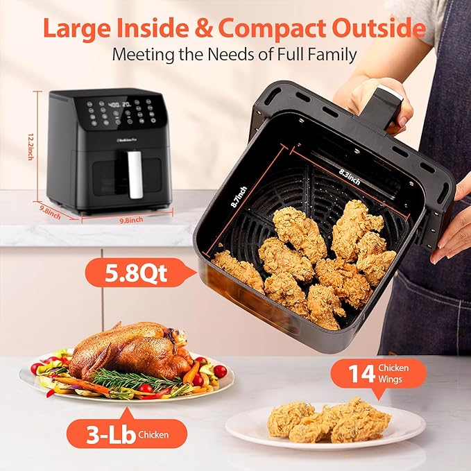 Beelicious 5.8QT Large Air Fryer, 12-in-1 Digital Airfryer with View Window, 40+ Recipes, Flavor-Lock Tech, Dishwasher Safe,Shake Reminder, Compact, Quiet, Nonstick. Black