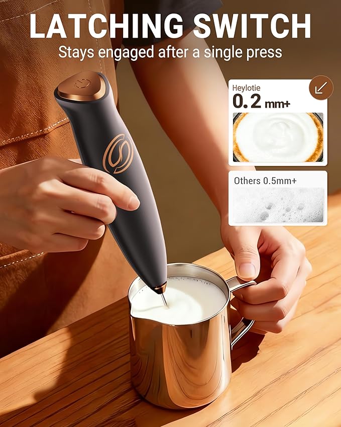 Heylotie Milk Frother With Stand Milk Frother Wand Coffee Frother Handheld Drink Mixer Handheld with 2 Whisks Electric Whisk Stirrers Electric Frother for Coffee Mixer Wand Milk Foamer-Black/Copper