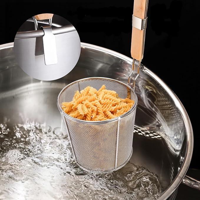 2 Pack Pasta Strainer Basket, Stainless Steel Mesh Spider Strainer with Wooden Handle for Boiling, Kitchen Fine Food Skimmer Deep Fry Basket for Pasta, Noodle, Dumpling, 5.3''D x 5.1''H
